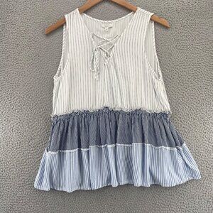 Maurices Top Womens Extra Large Blue White Striped Lace Up Neck Sleeveless Tier